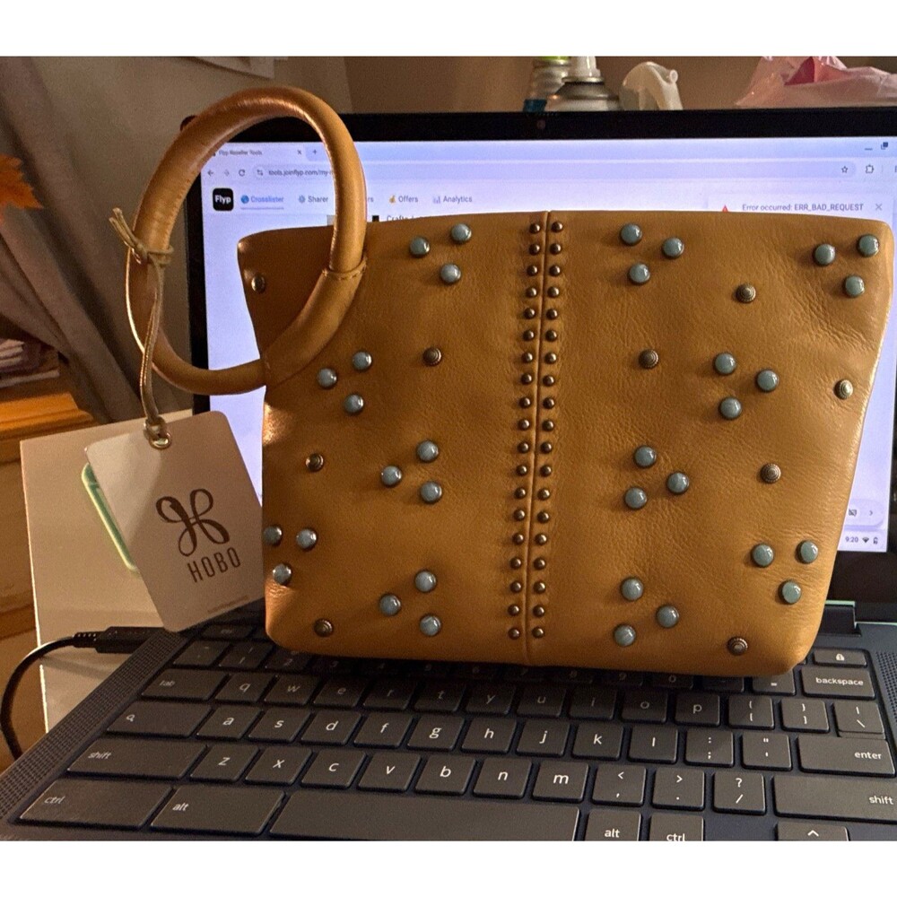 HOBO Tan Leather Studded Zip-Top Satchel Top Handle Handbag w/ Dust Bag